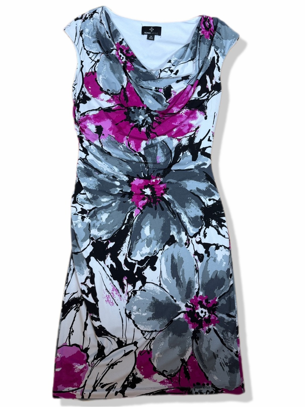Ronni Nicole Floral Cowl Neck Sheath Dress in Fuchsia & Gray - Picture 3 of 7